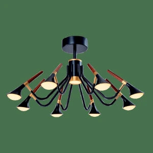 DUNCAN LED 9-Light Pendant Ceiling Lamp 45W 3000K Warm White Matte Black and Wood