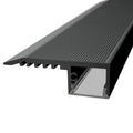 Aluminum LED strip profile for stair lighting, black anodized with an opal cover